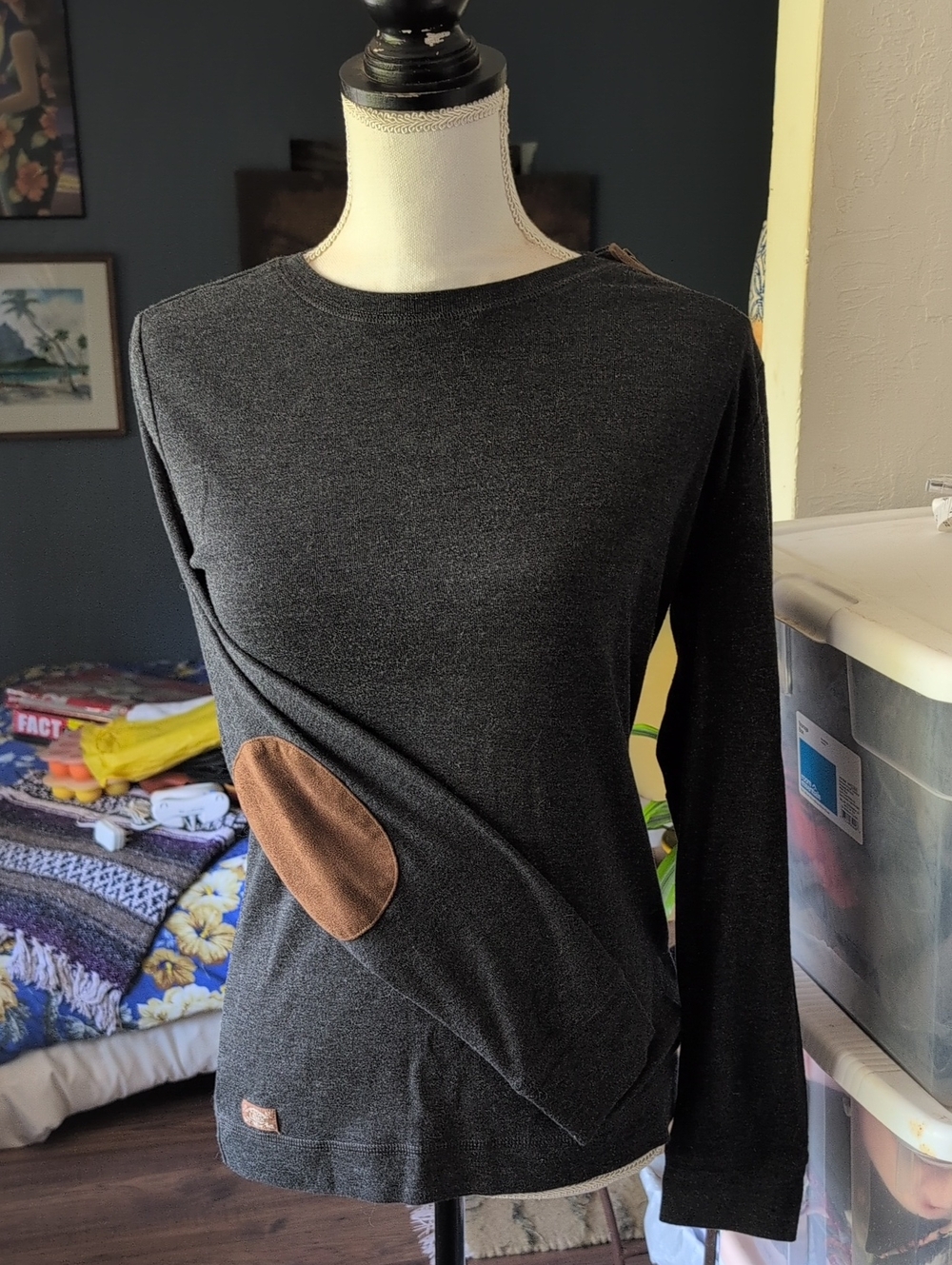 Ralph Lauren Charcoal Gray Long-Sleeve Top with Brown Elbow Patch
